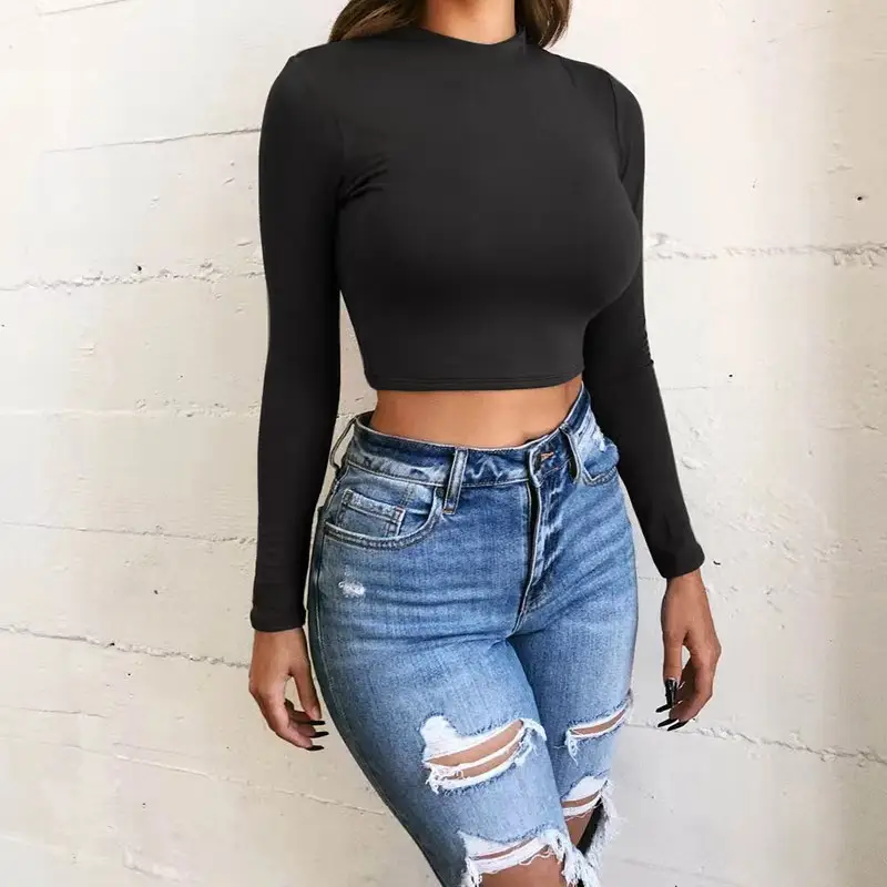 Black Long Sleeve Navel-Baring Top for Women - Image 7