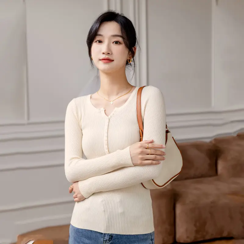 Women's Beige Low-Neck Slim Fit Sweater - Image 3