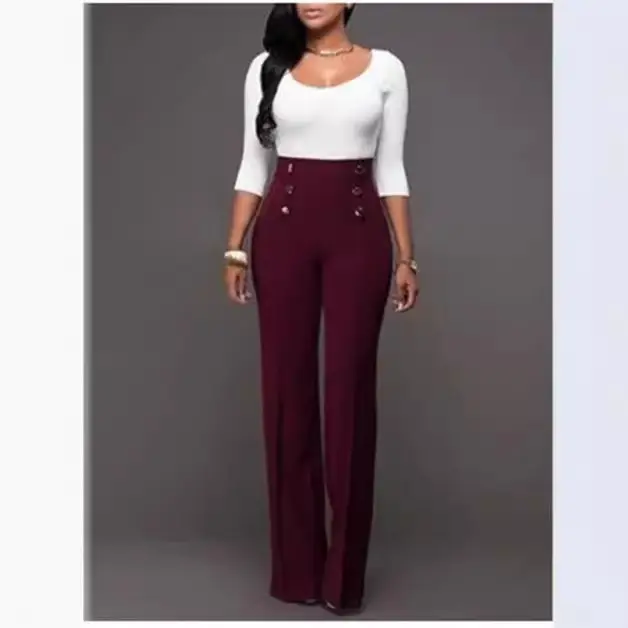 Women's Pink Solid Color Wide Leg Trousers with Decorative Buttons - Image 7