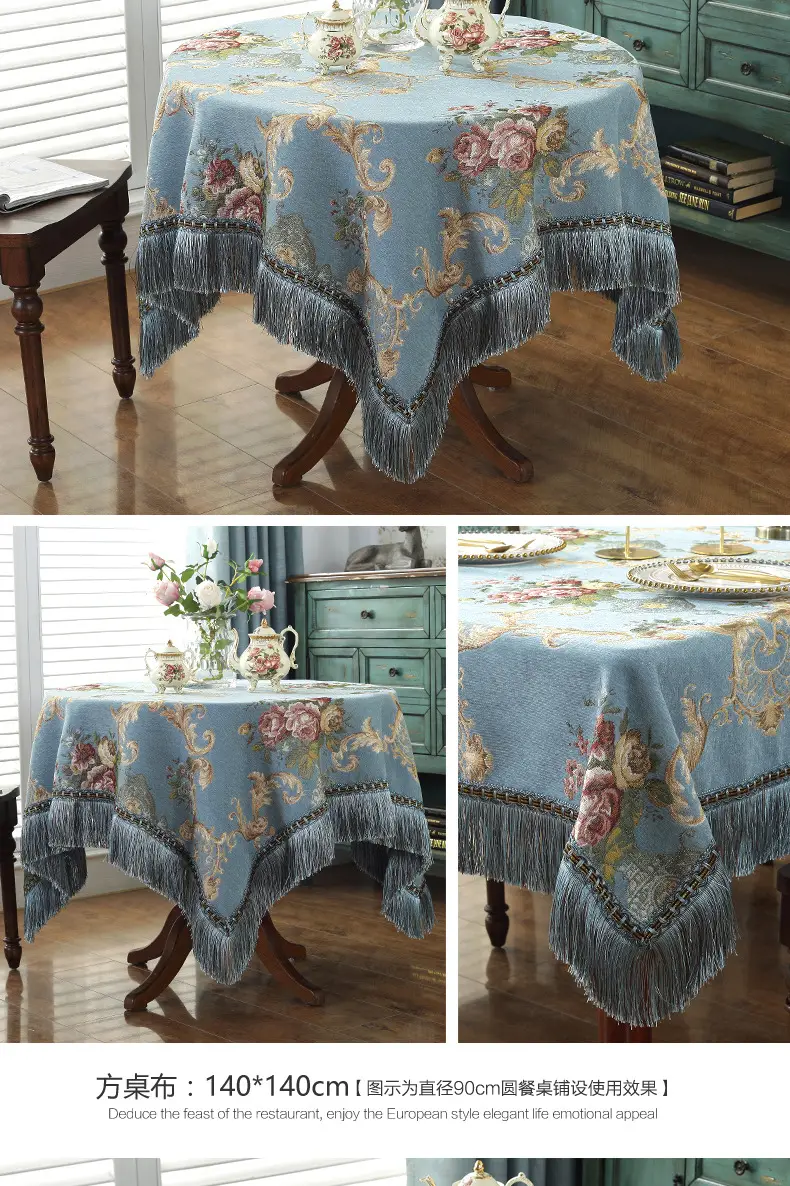 Cross-Border Floral Tassel Tablecloth Blue — feature 20