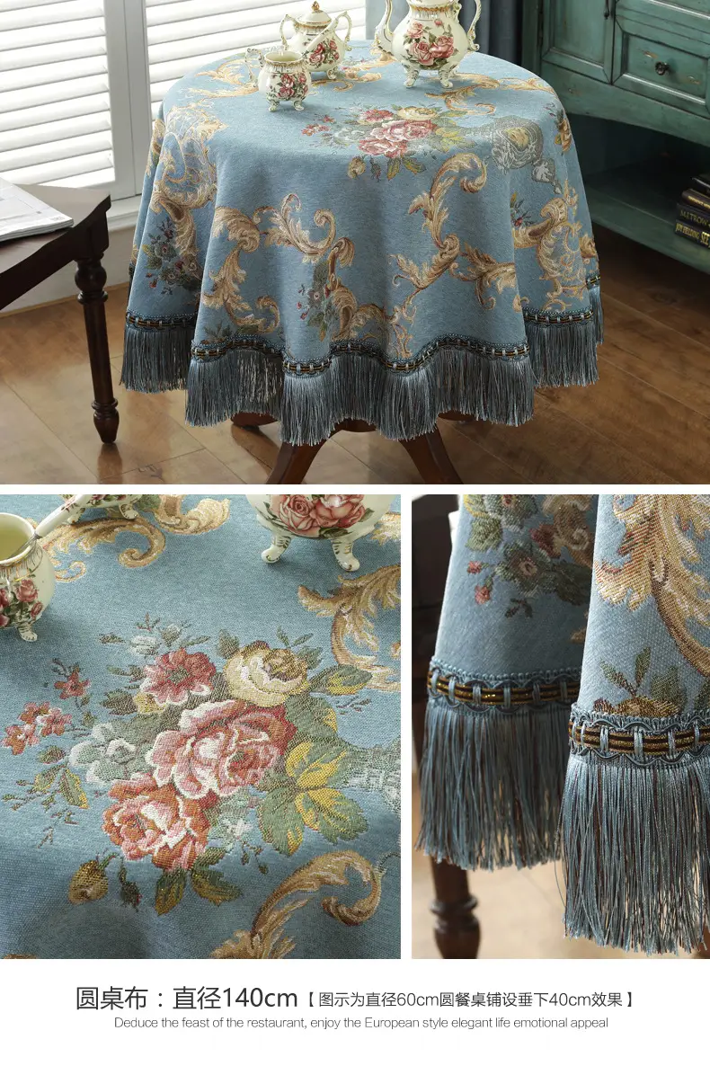 Cross-Border Floral Tassel Tablecloth Blue — feature 21