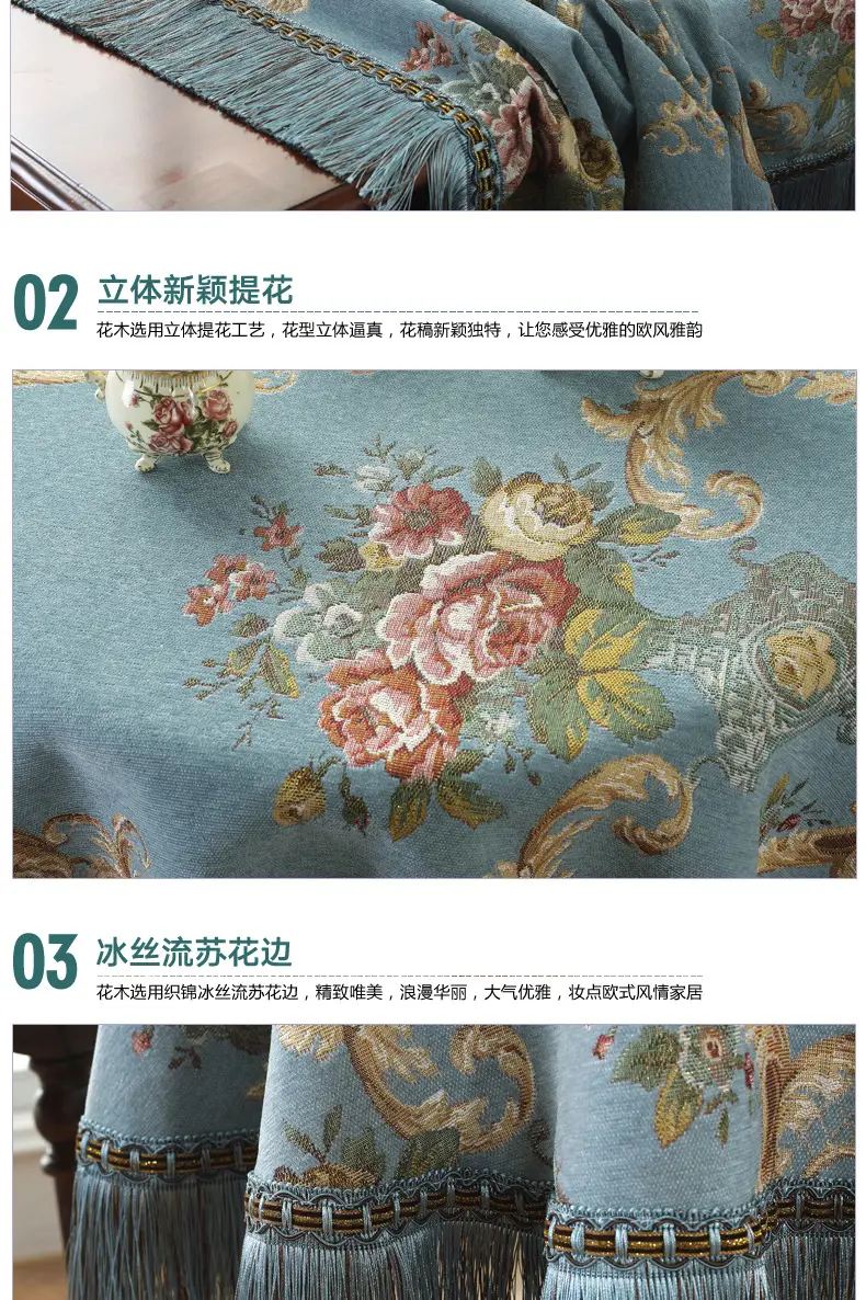 Cross-Border Floral Tassel Tablecloth Blue — feature 7