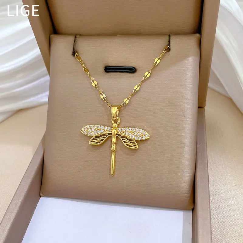 Titanium Steel Dragonfly Necklace for Women Real Gold — feature 1