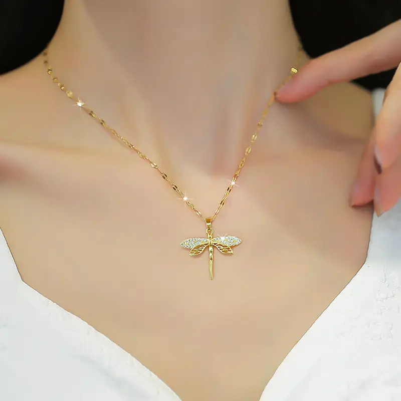 Titanium Steel Dragonfly Necklace for Women Real Gold — feature 2