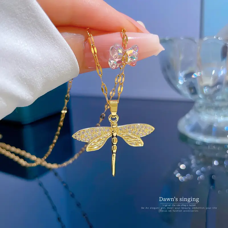 Titanium Steel Dragonfly Necklace for Women Real Gold — feature 3