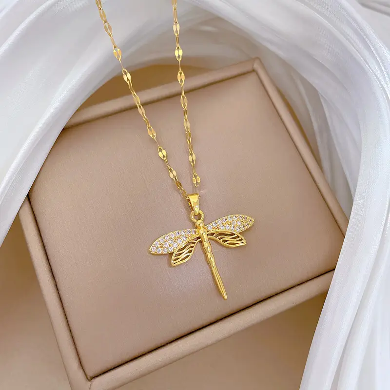 Titanium Steel Dragonfly Necklace for Women Real Gold — feature 6