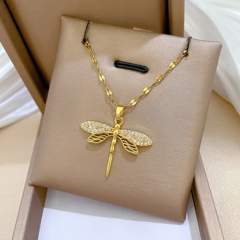 Titanium Steel Dragonfly Necklace for Women Real Gold — feature 9