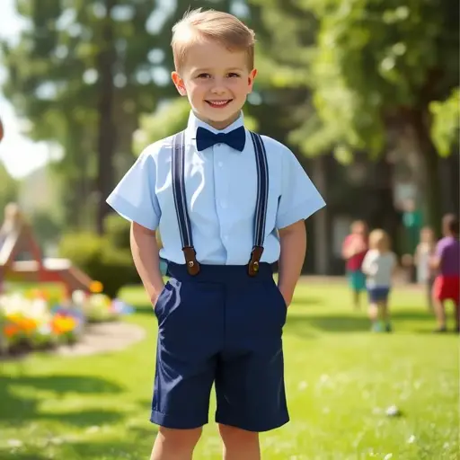 Boy's Blue Striped Short Sleeve Suit Korean Style - Image 2