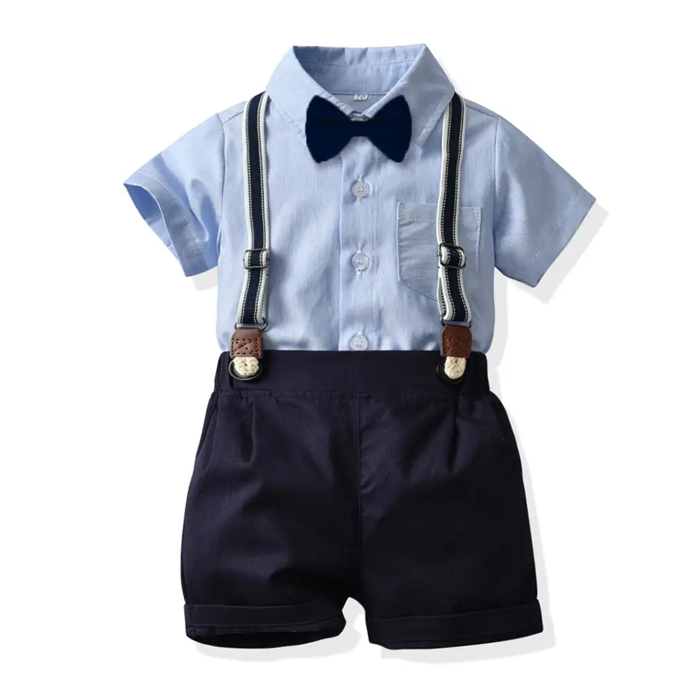 Boy's Blue Striped Short Sleeve Suit Korean Style - Image 4