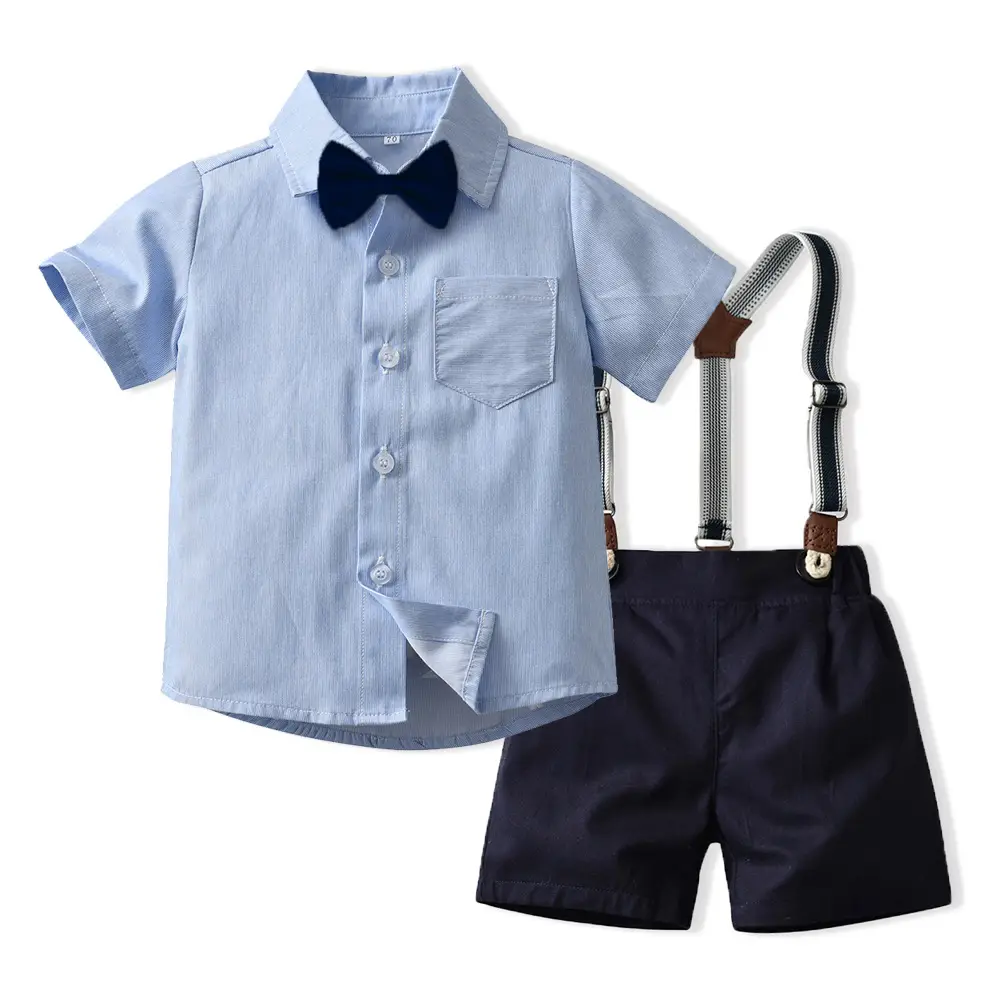 Boy's Blue Striped Short Sleeve Suit Korean Style - Image 6