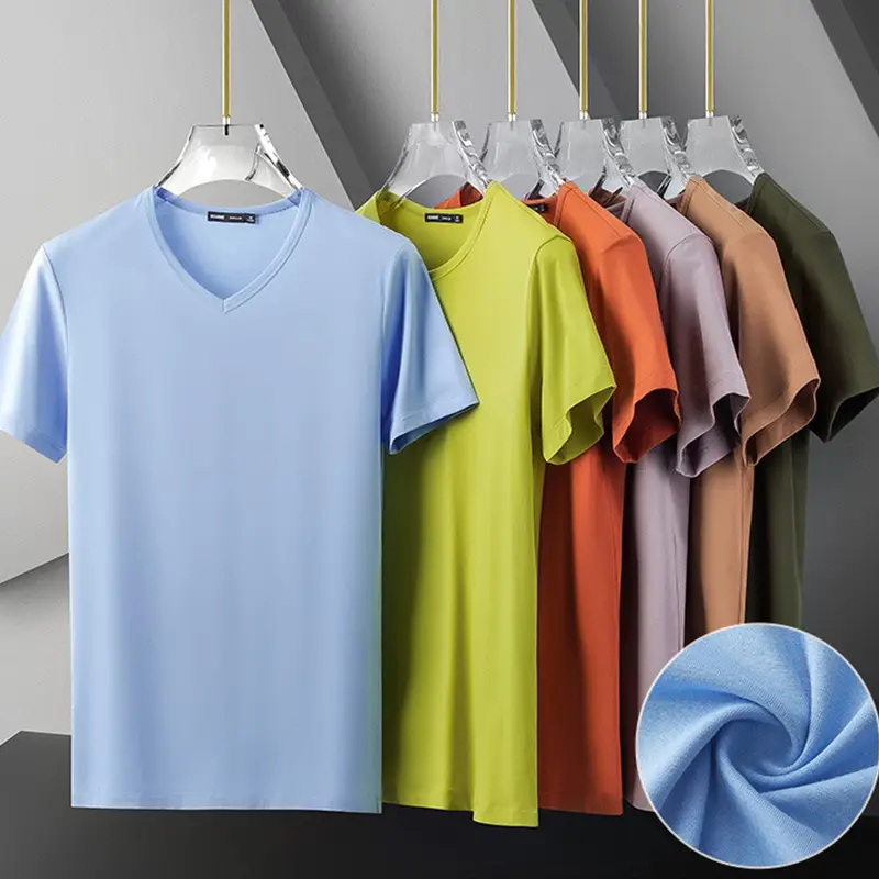 Men V-neck Grey Cotton T-shirt 2025 Summer