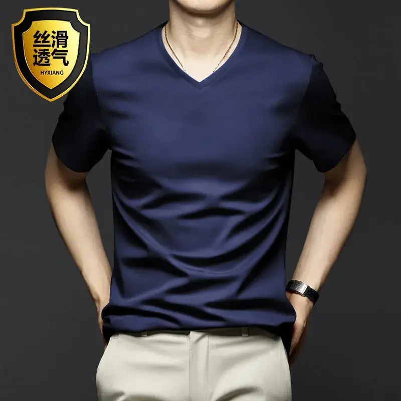 Men V-neck Grey Cotton T-shirt 2025 Summer