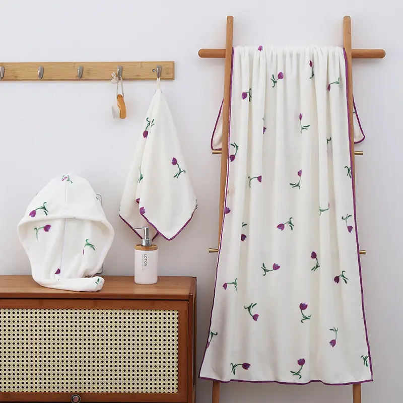 Towel Set with Tulip Print Bath Cap & Skirt - Image 3