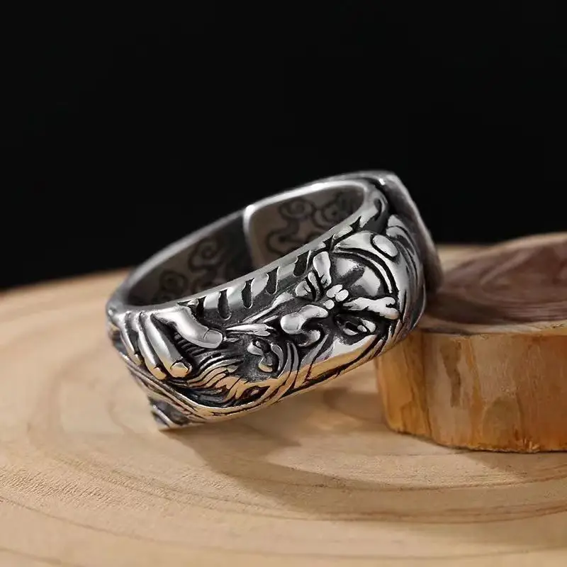 Retro Thai Wu God Guan Gong Men's Ring Silver Open - Image 5