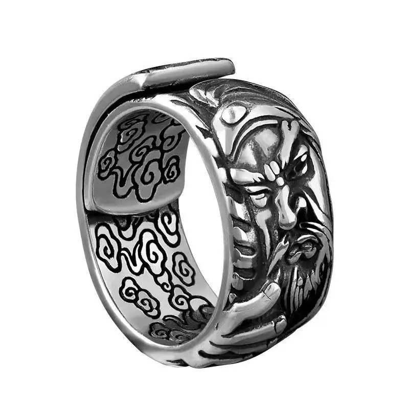 Retro Thai Wu God Guan Gong Men's Ring Silver Open - Image 6
