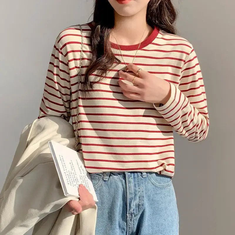 Women Striped Long Sleeve T-Shirt Red Cotton Spring Autumn 2026 - Image 4