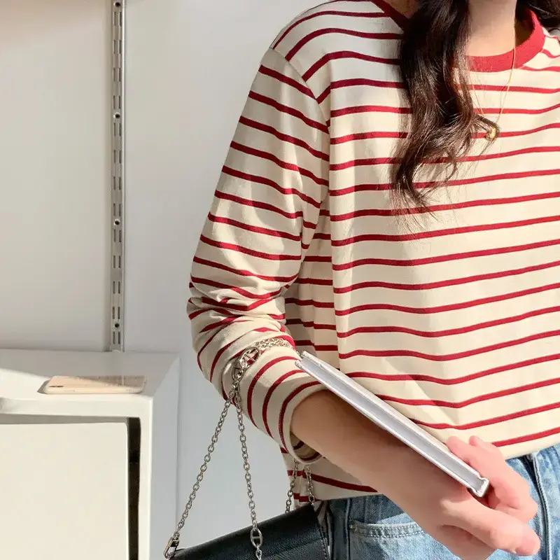 Women Striped Long Sleeve T-Shirt Red Cotton Spring Autumn 2026 - Image 5