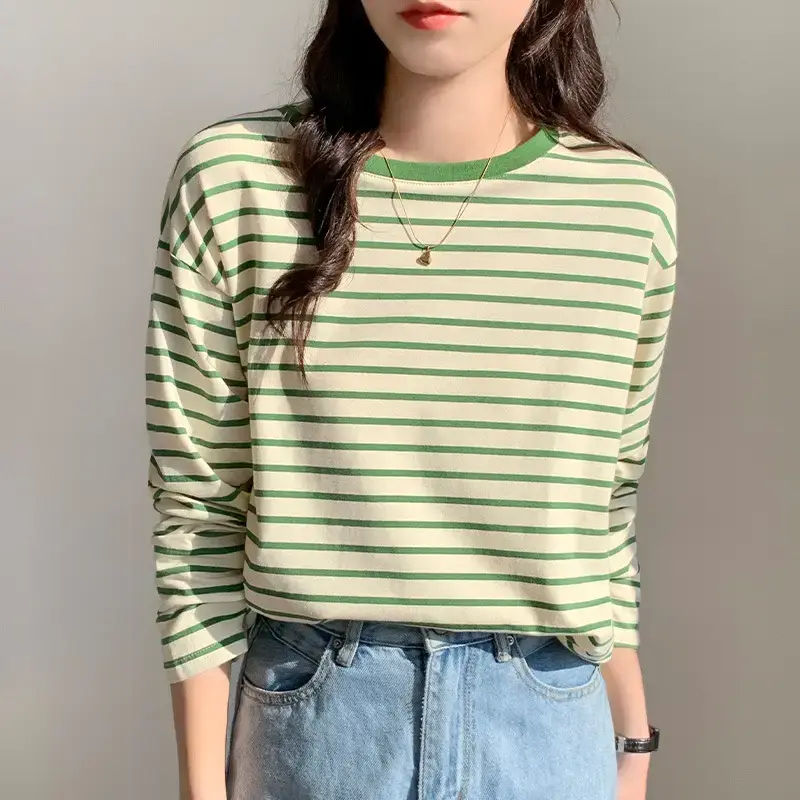 Women Striped Long Sleeve T-Shirt Red Cotton Spring Autumn 2026 - Image 6