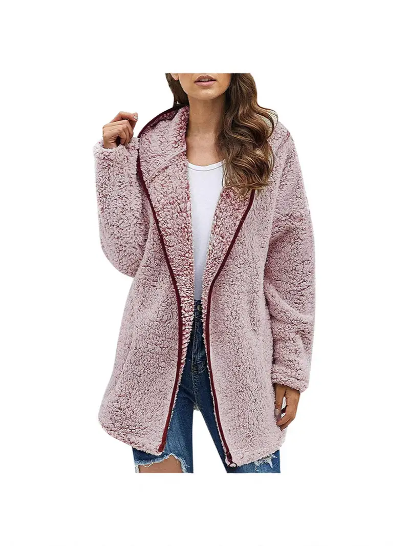 Maroon Plush Hooded Lapel Sweater for Women - Image 10
