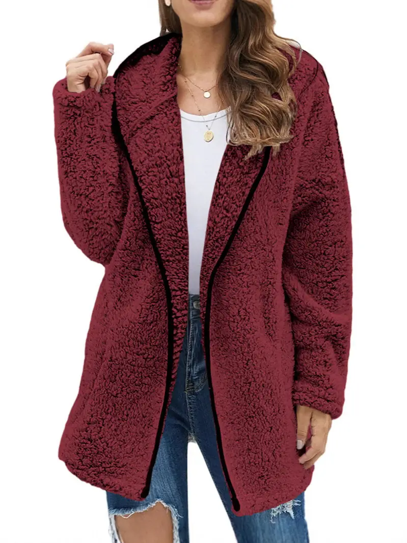 Maroon Plush Hooded Lapel Sweater for Women - Image 11