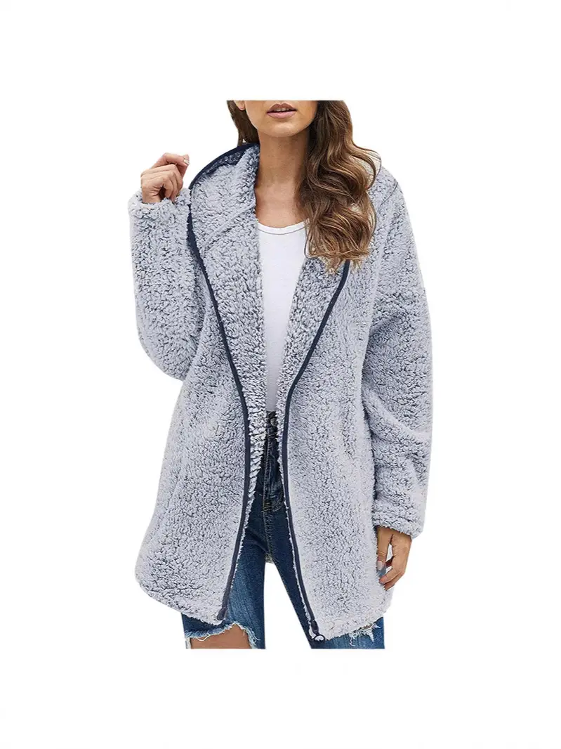 Maroon Plush Hooded Lapel Sweater for Women - Image 12