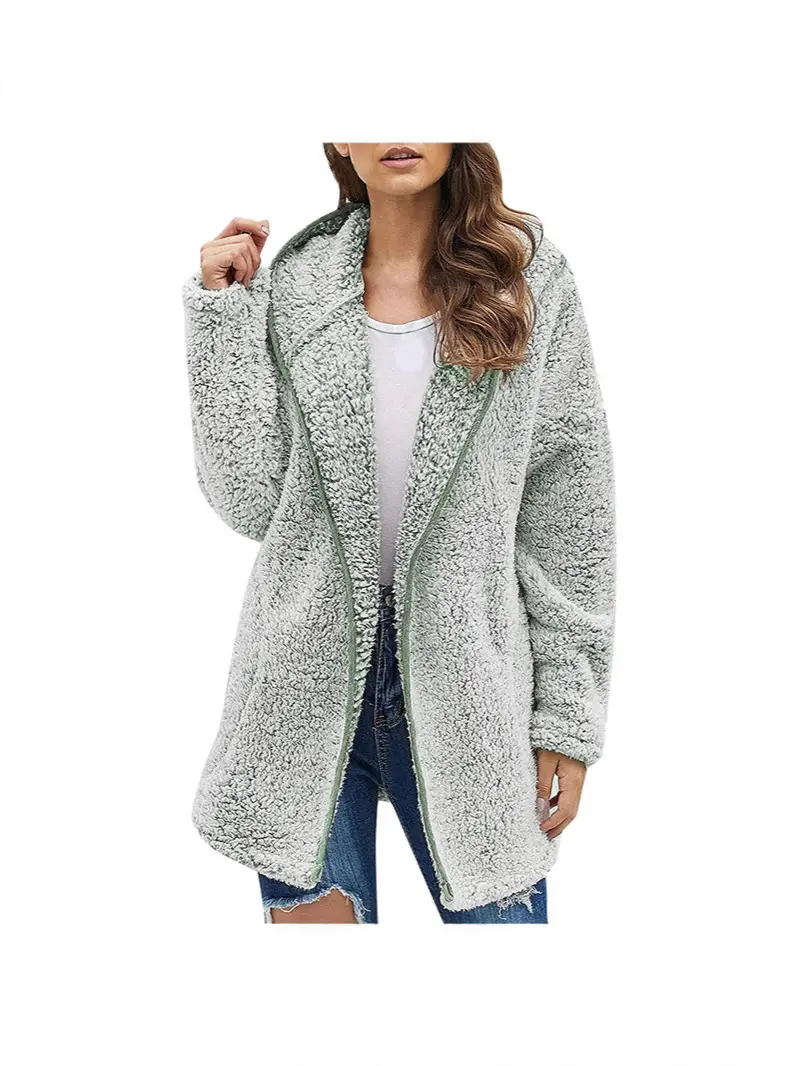 Maroon Plush Hooded Lapel Sweater for Women - Image 13