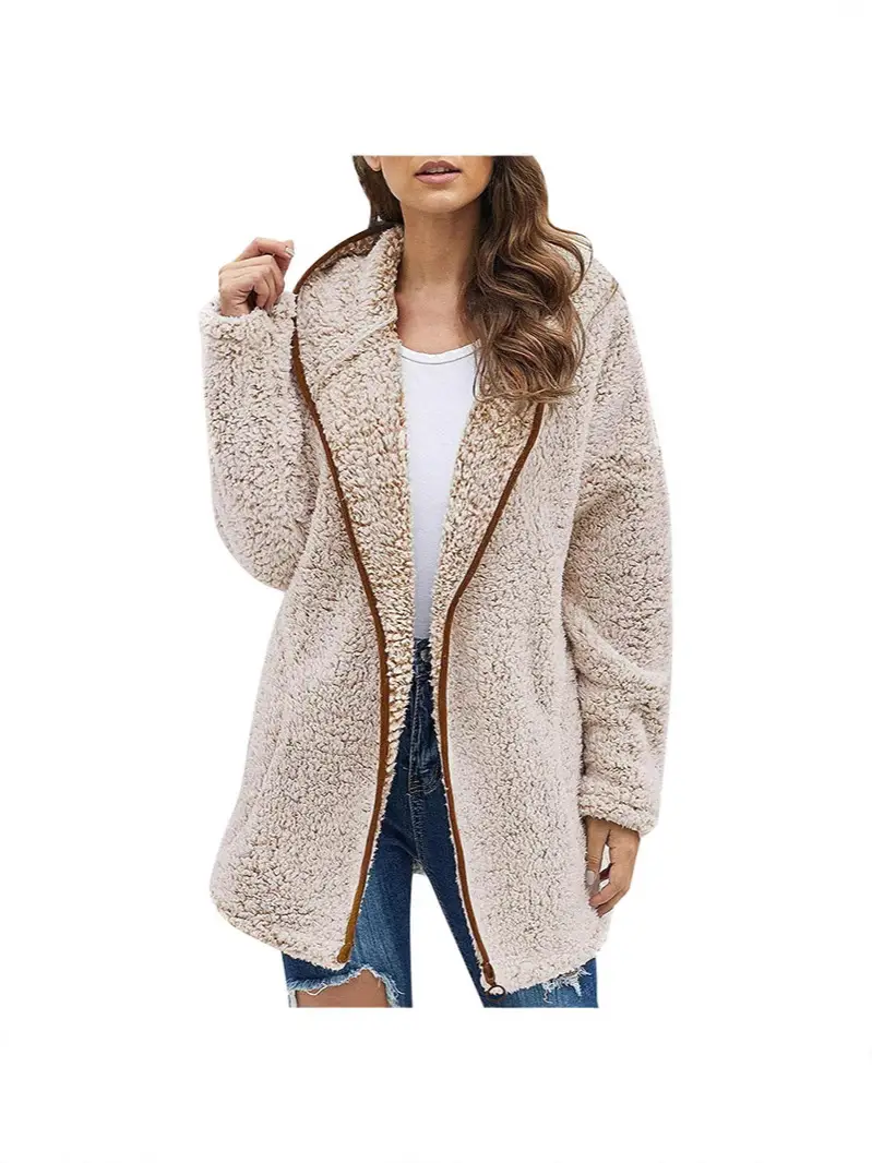 Maroon Plush Hooded Lapel Sweater for Women - Image 14