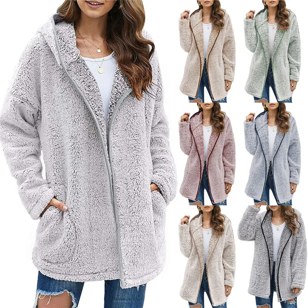 Maroon Plush Hooded Lapel Sweater for Women — feature 4