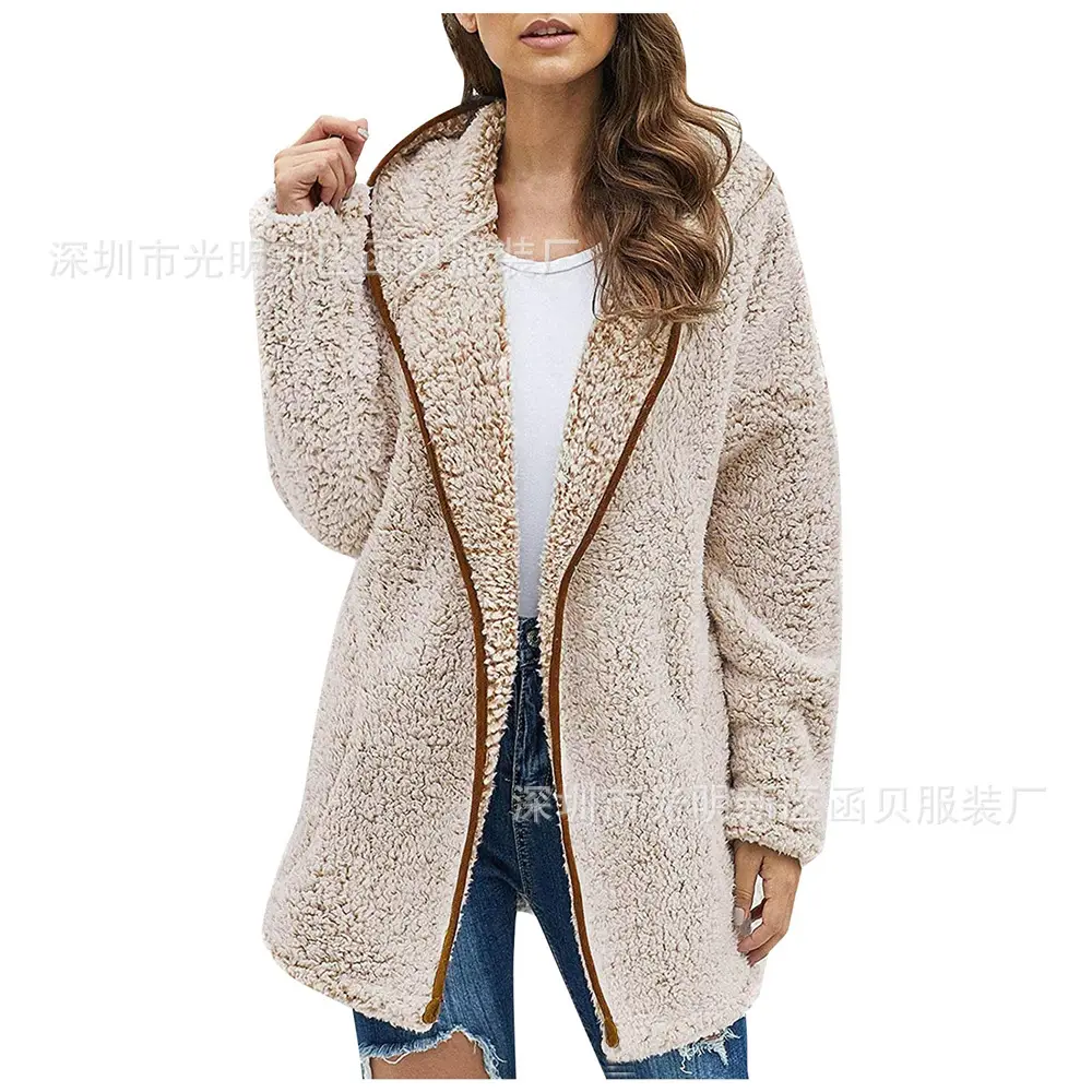 Maroon Plush Hooded Lapel Sweater for Women - Image 2