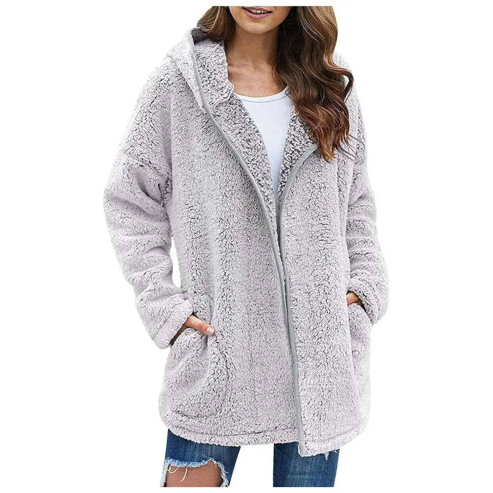 Maroon Plush Hooded Lapel Sweater for Women — feature 7