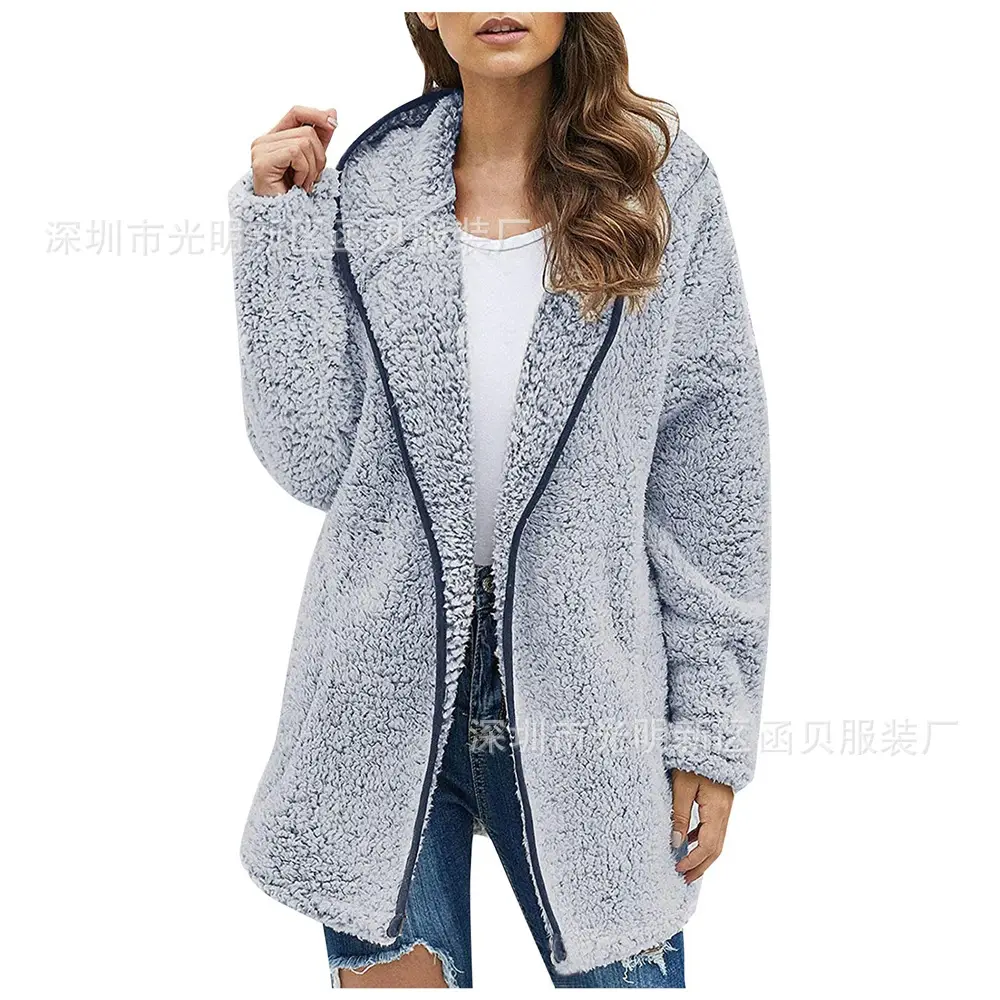 Maroon Plush Hooded Lapel Sweater for Women - Image 6