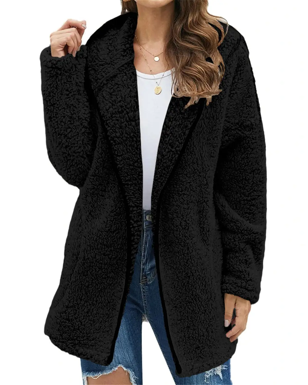 Maroon Plush Hooded Lapel Sweater for Women — feature 9