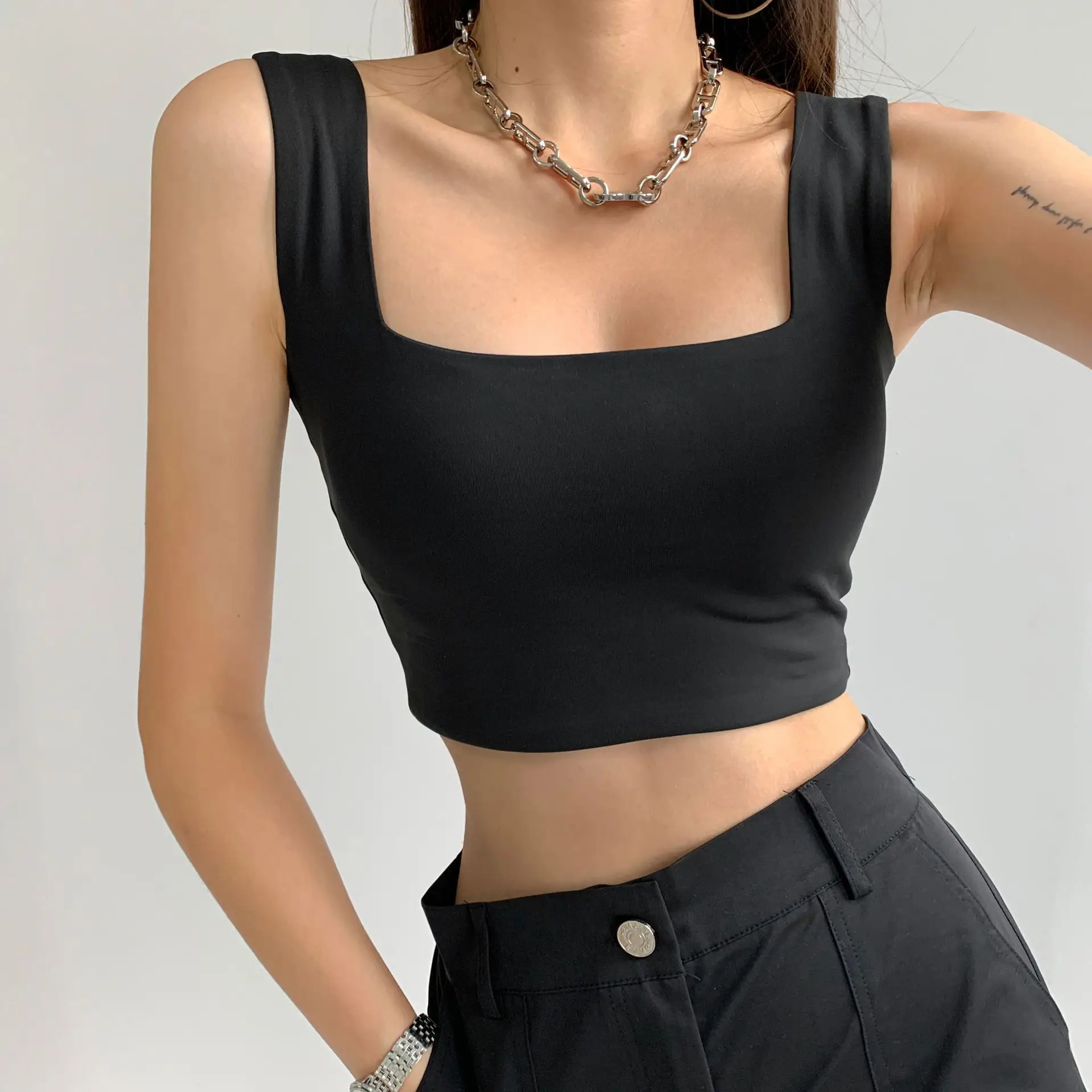 Black Square Collar Vest with Clavicle Strap for Women - Image 3