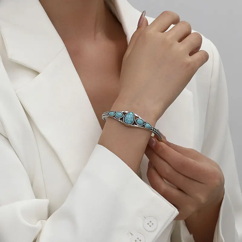 Turquoise Bohemian Bracelet Set Adjustable Open End