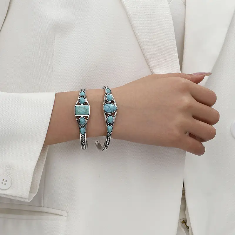 Turquoise Bohemian Bracelet Set Adjustable Open End — feature 1