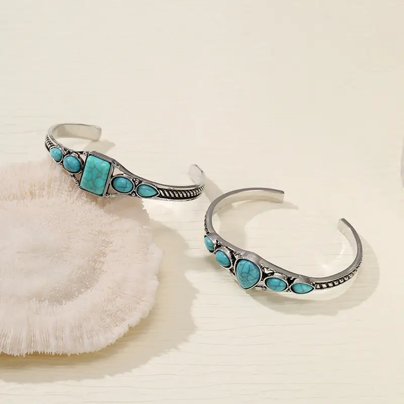 Turquoise Bohemian Bracelet Set Adjustable Open End — feature 4