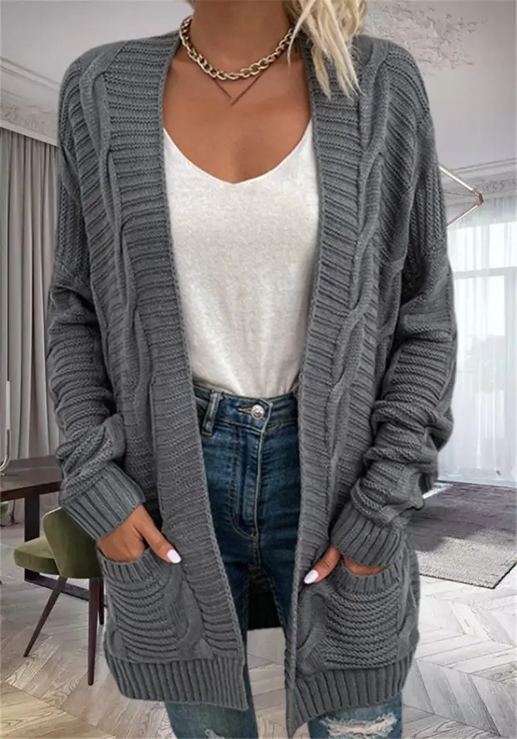 Women's Grey Knit Cardigan 2026 Winter Coat - Image 2