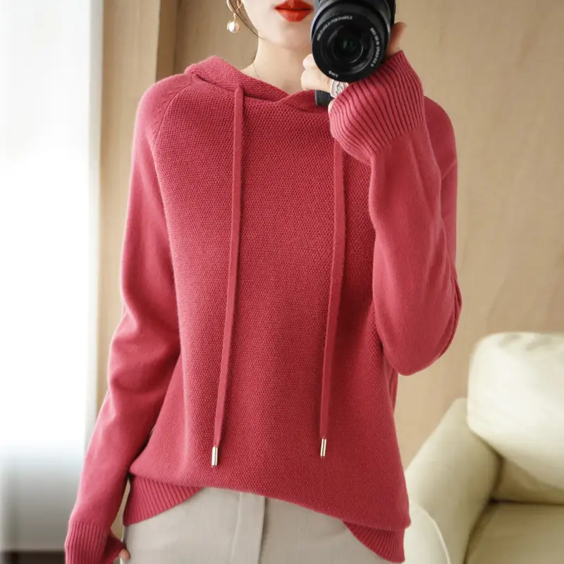 Women Hooded Pullover Sweater Grey Long Sleeve Warm Casual
