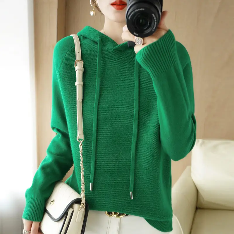 Women Hooded Pullover Sweater Grey Long Sleeve Warm Casual