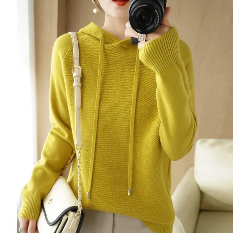 Women Hooded Pullover Sweater Grey Long Sleeve Warm Casual