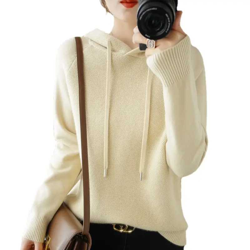 Women Hooded Pullover Sweater Grey Long Sleeve Warm Casual