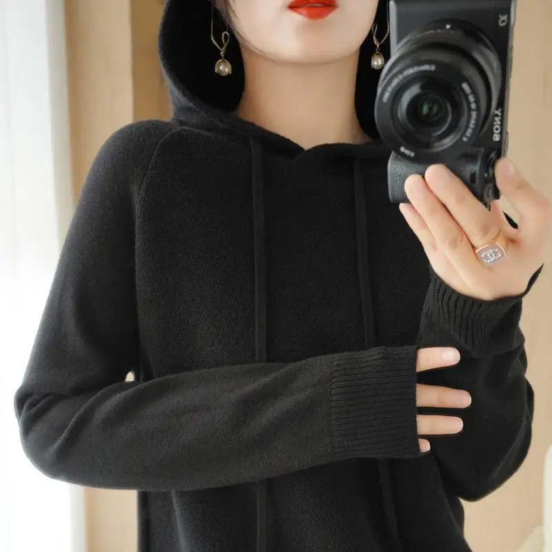 Women Hooded Pullover Sweater Grey Long Sleeve Warm Casual