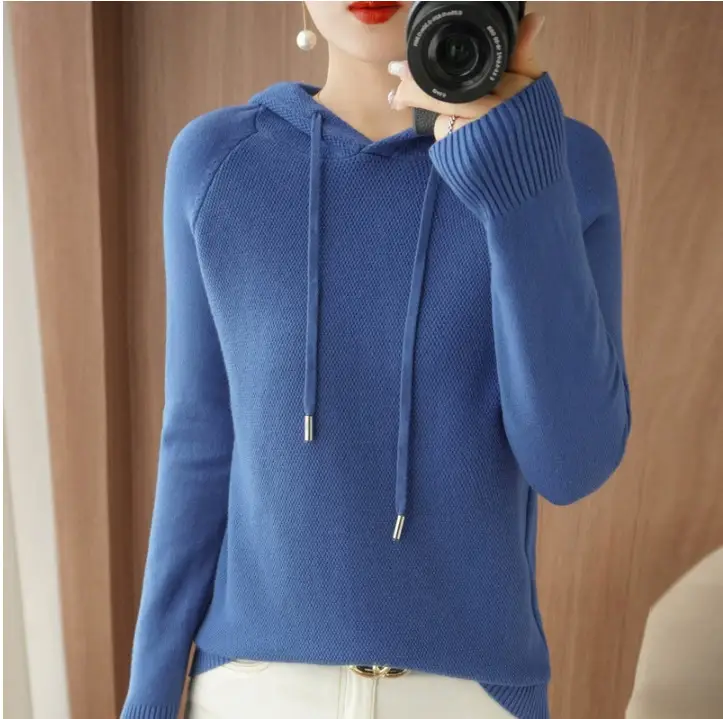Women Hooded Pullover Sweater Grey Long Sleeve Warm Casual
