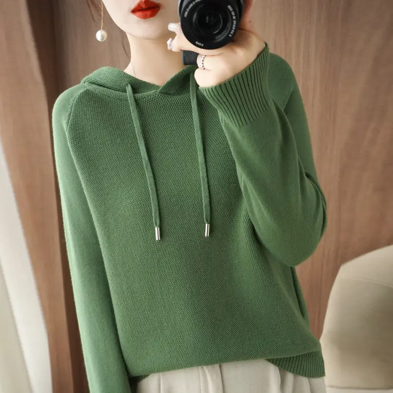 Women Hooded Pullover Sweater Grey Long Sleeve Warm Casual