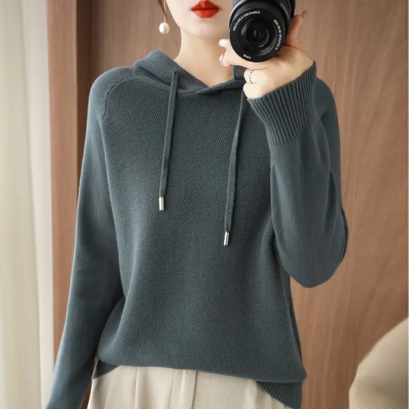 Women Hooded Pullover Sweater Grey Long Sleeve Warm Casual