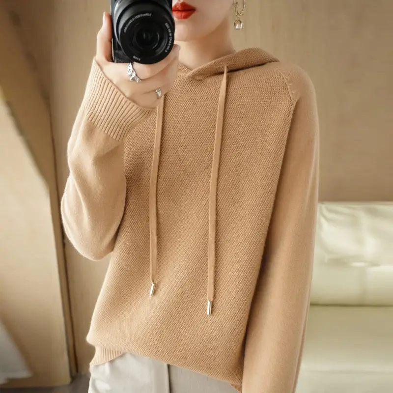 Women Hooded Pullover Sweater Grey Long Sleeve Warm Casual