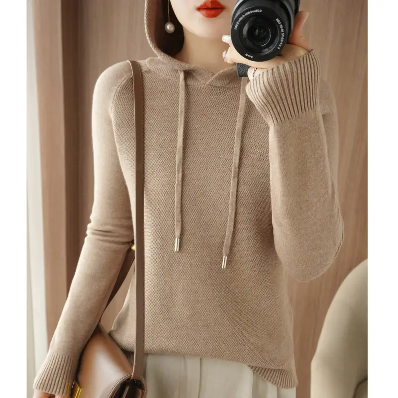 Women Hooded Pullover Sweater Grey Long Sleeve Warm Casual