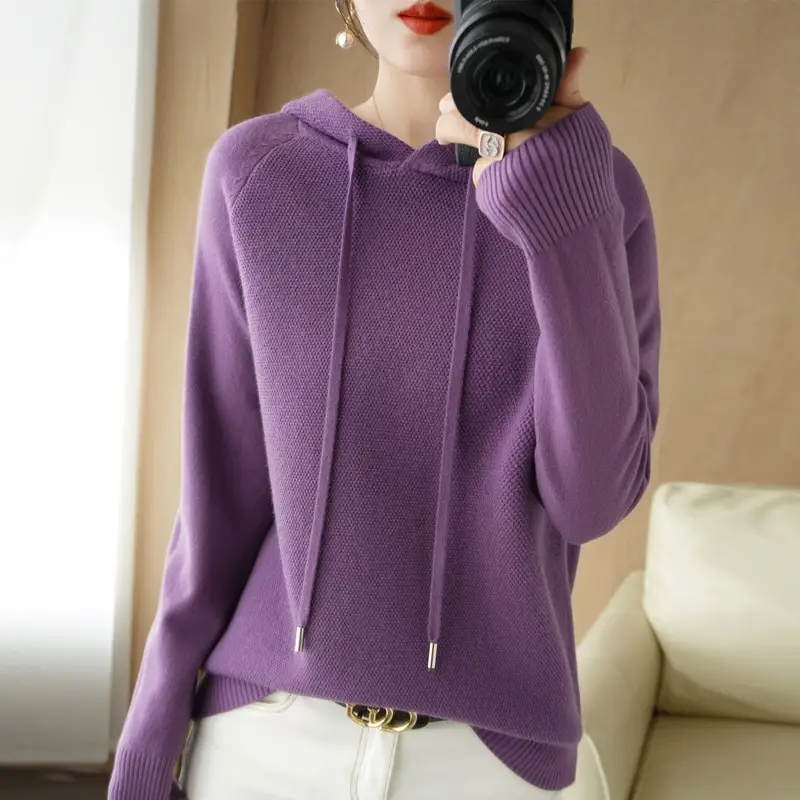 Women Hooded Pullover Sweater Grey Long Sleeve Warm Casual