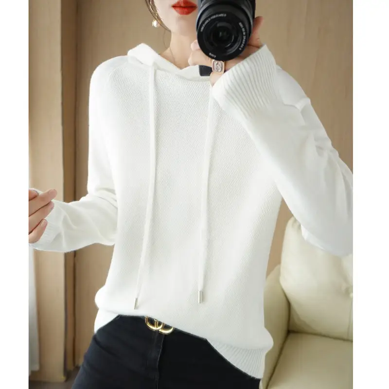 Women Hooded Pullover Sweater Grey Long Sleeve Warm Casual