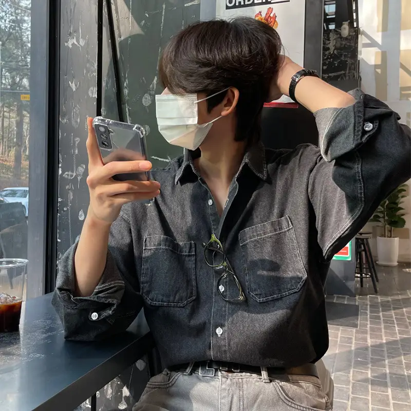 2023 Korean Denim Shirt Men Long Sleeve Loose - Image 4